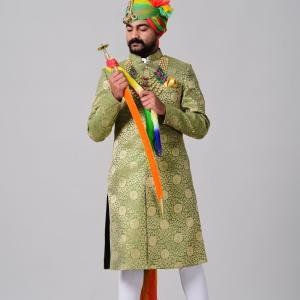 Spring Bug Golden Brocade Rajputana Achkan - Royal Art | Jaipurio